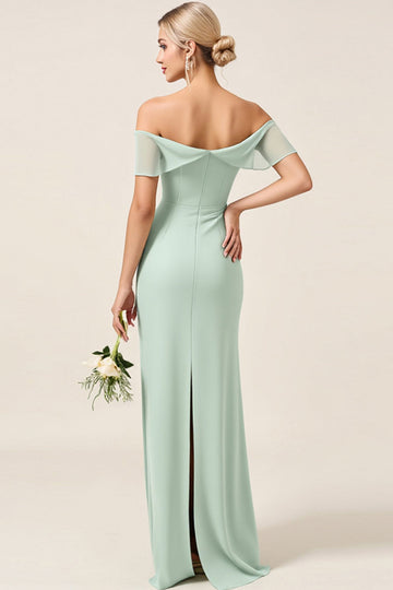 Mint Sheath Off the Shoulder Ruched Satin Long Bridesmaid Dress